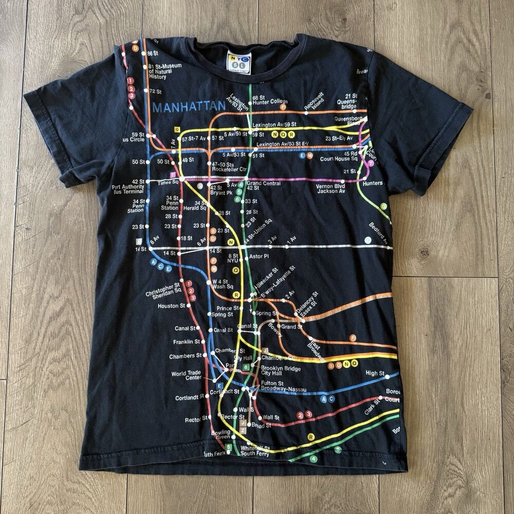 VINTAGE New York Shirt Mens L All Over Map Print NYC Subway Line Train VTG Y2K